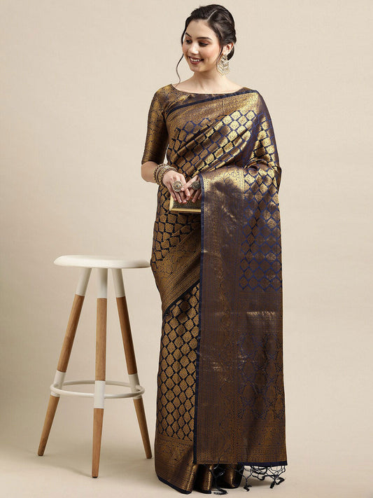 Saree Mall Navy Blue & Gold-Toned Ethnic Motifs Zari Silk Blend Banarasi Saree | Swadesiicart