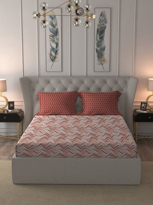 MYTRIDENT Peach Maroon Geometric Pure Cotton 144 TC Queen Bedsheet Pillow Covers - Swadesiicart