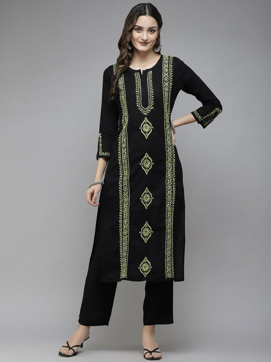 ADA Women Black & Green Ethnic Motifs Embroidered Chikankari Handloom Handloom Kurta | Swadesiicart