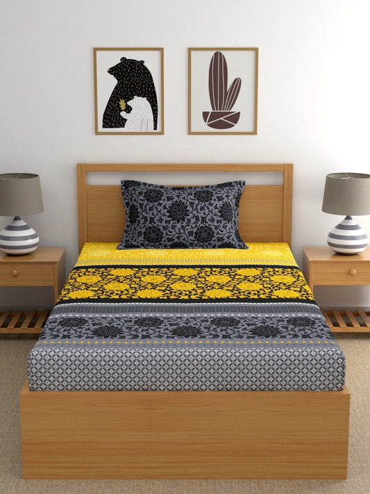 Dreamscape Yellow Ethnic Motifs Cotton 140 TC Fitted Single Bedsheet & 1 Pillow Cover - Swadesiicart
