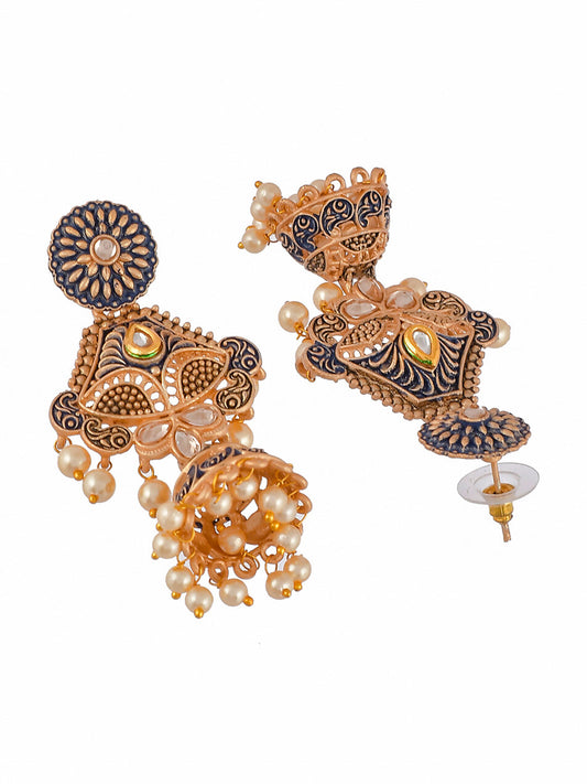 Shoshaa Blue & Gold-Toned Dome Shaped Jhumkas Earrings | Swadesiicart