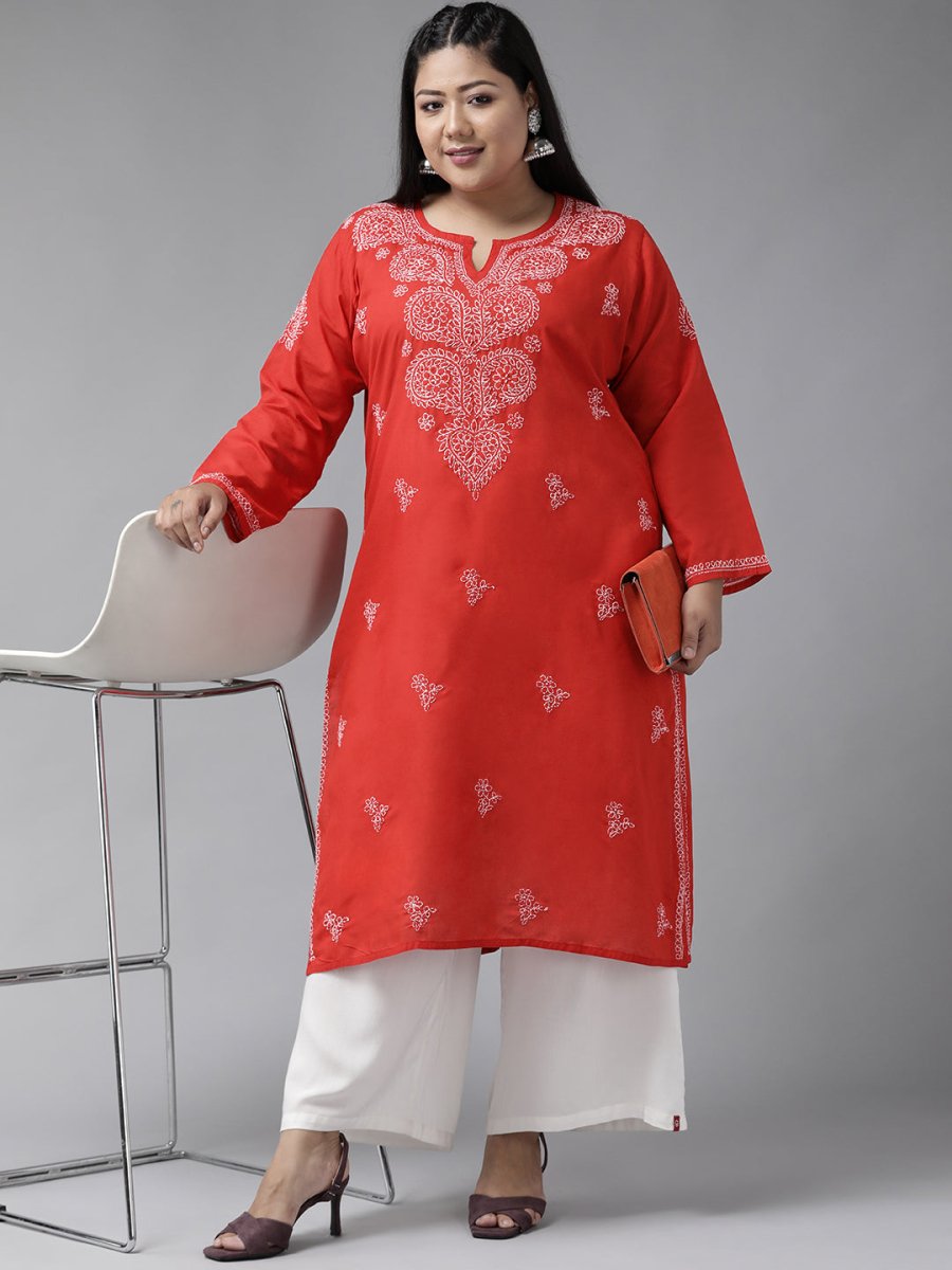 ADA Women Plus Size Red & White Ethnic Motifs Pure Cotton Chikankari Embroidered Kurta | Swadesiicart