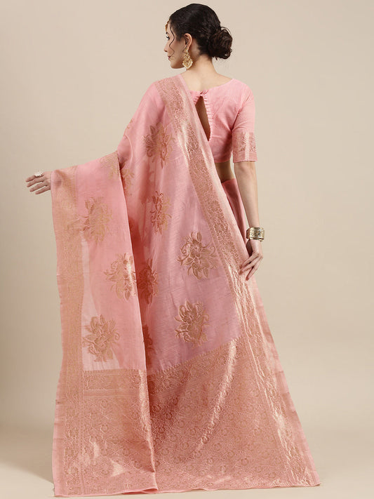 Saree Mall Pink Floral Linen Blend Banarasi Saree | Swadesiicart