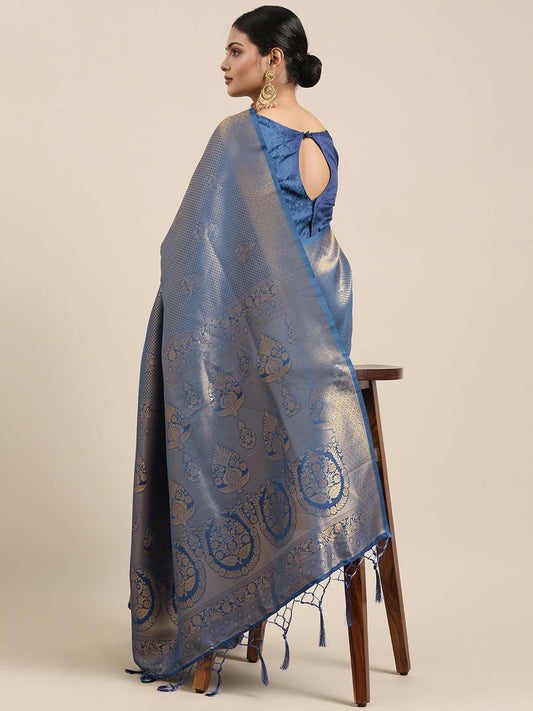 Saree Mall Navy Blue Ethnic Motifs Zari Silk Blend Banarasi Saree | Swadesiicart