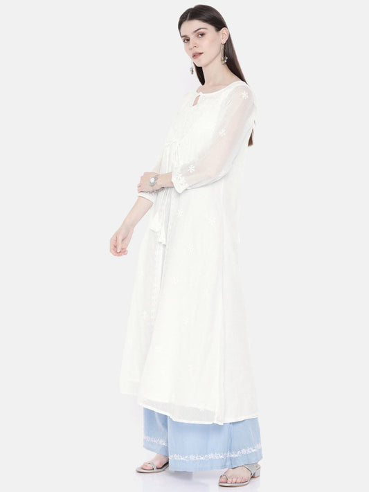 ADA Women White Embroidered Layered A-Line Chikankari Sustainable Kota Handloom Kurta | Swadesiicart