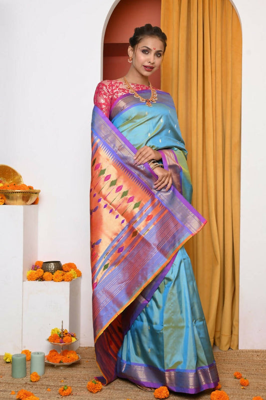 Very Much Indian Authentic Dual Tone Powder Blue Paithani | Swadesiicart