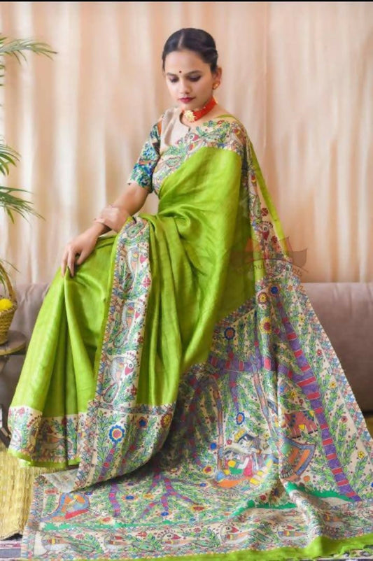 Exclusive Collection Light Green Beautiful Khadi Ghicha Handloom Saree - Swadesiicart