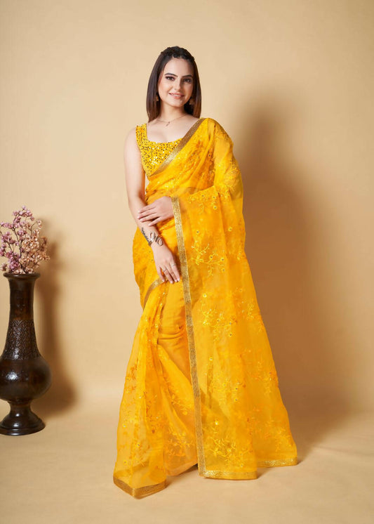 Vamsee Yellow Organza Saree - Swadesiicart