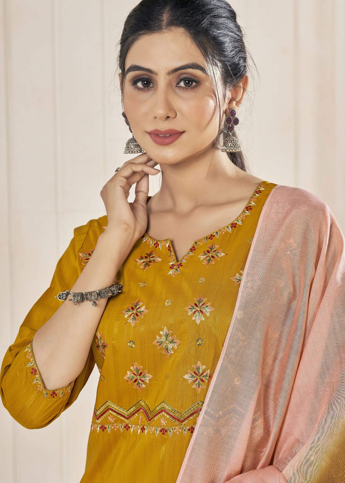 Jyoti Fashion Women's Mustard Pure Viscose Weaving Stripe with Embroidery Kurta Set
