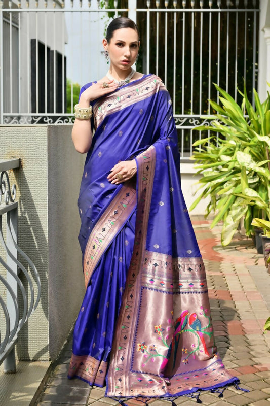 Vishnu Weaves Women's Royal Paithani Silk Zari Woven Saree with Blouse - Swadesiicart