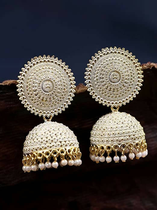 Mominos Fashion Joharkamal Gold-Polished Meenakari Jhumkas For Women & Girls (White) - Swadesiicart