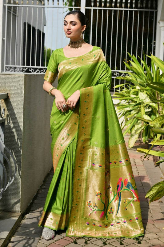 Vishnu Weaves Women's Mahendi Paithani Silk Zari Woven Saree with Blouse - Swadesiicart