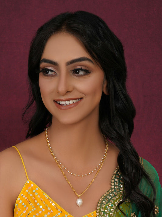 Layered Pearl and Gold Neckpiece with Emeralds (Gold) - Ruby Raang | Swadesiicart