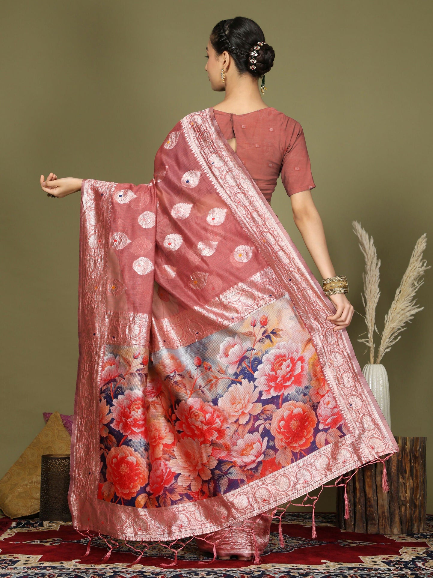 Shree Shyam Fashion Linen Cotton Rust Saree