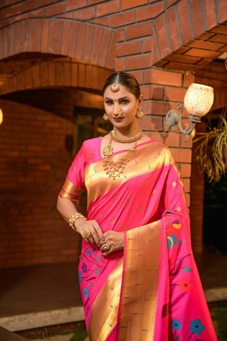 Jyoti Fashion Women's Baby Pink Paithani Silk Zari Woven Saree with Blouse | Swadesiicart