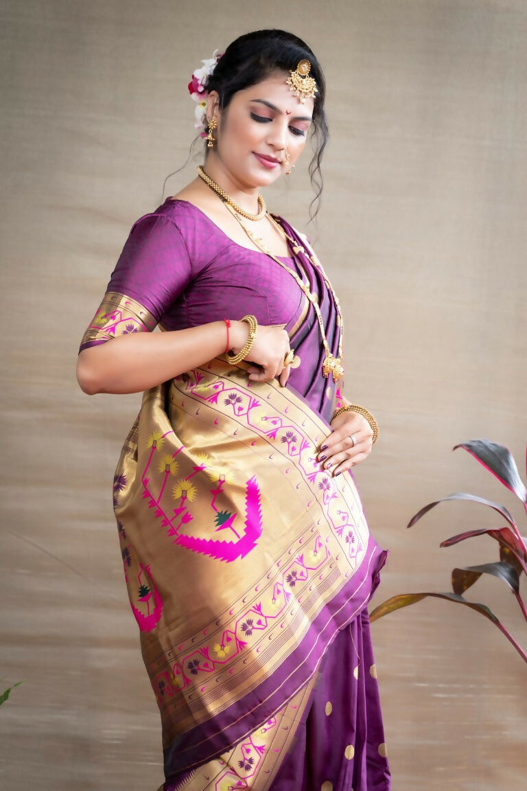 Jyoti Fashion Women's Wine Paithani Silk Zari Woven Saree with Blouse | Swadesiicart