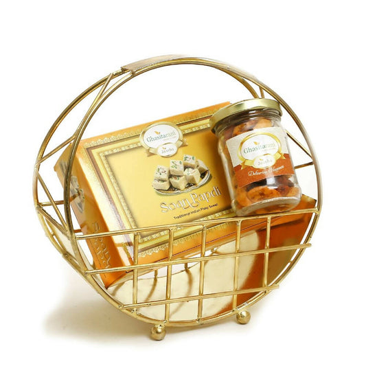 Ghasitaram Half Moon Metal Basket of Mix Dryfruits, Soan Papdi | Swadesiicart