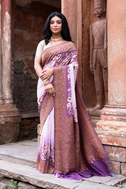Joban Fashion Dark And Light Lilac Crepe Chiffon Pure Handloom Banarasi Silk Saree | Swadesiicart