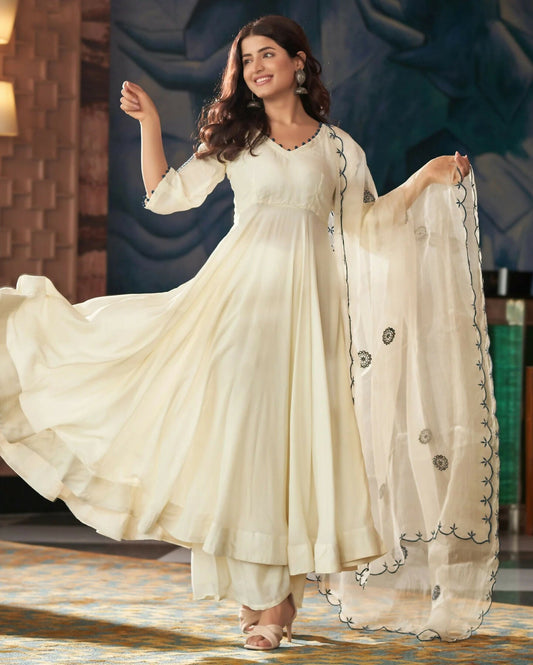 The52 CreamWomen's Gorgeous Embroidered Vichitra Silk Fabric Flared Kurta Pant with Dupatta Set - Swadesiicart