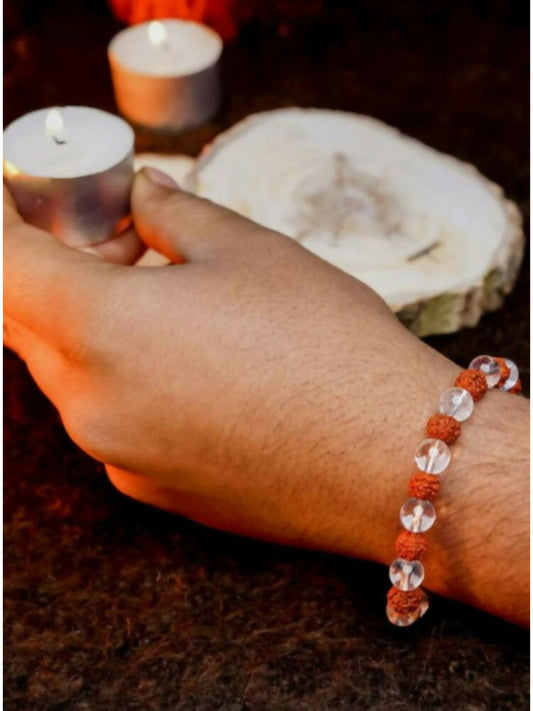 NVR Natural Rudraksha & Quartz Beaded Stretchable Bracelet