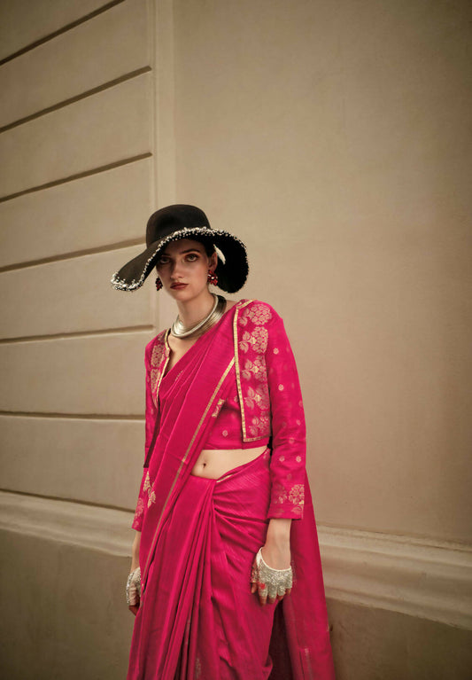 Dark Pink Weavead Thread & Zari Work, Handloom Weaving Banarasi Satin Silk Saree - Rajtex Kronicle Silk - Swadesiicart