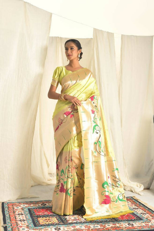 Vishnu Weaves Women's Pista Paithani Silk Zari Woven Saree with Unstitched Blouse - Swadesiicart