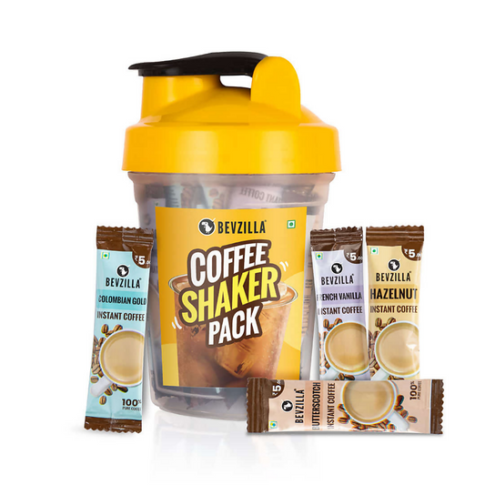 Bevzilla 25 Flavoured Coffee Sachets + Shaker | Swadesiicart