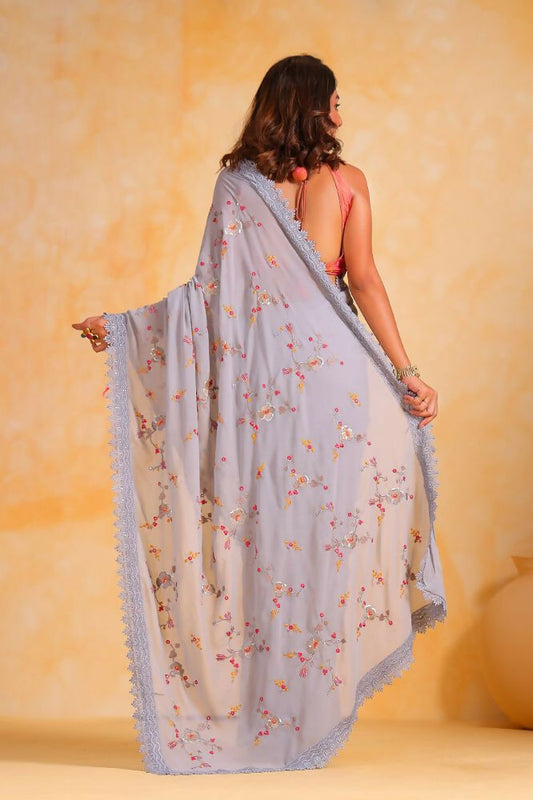 Vamsee Riva Grey Georgette Saree - Swadesiicart