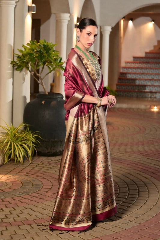 Vishnu Weaves Women's Maroon Soft Tussar Silk Printed Saree with Blouse - Swadesiicart