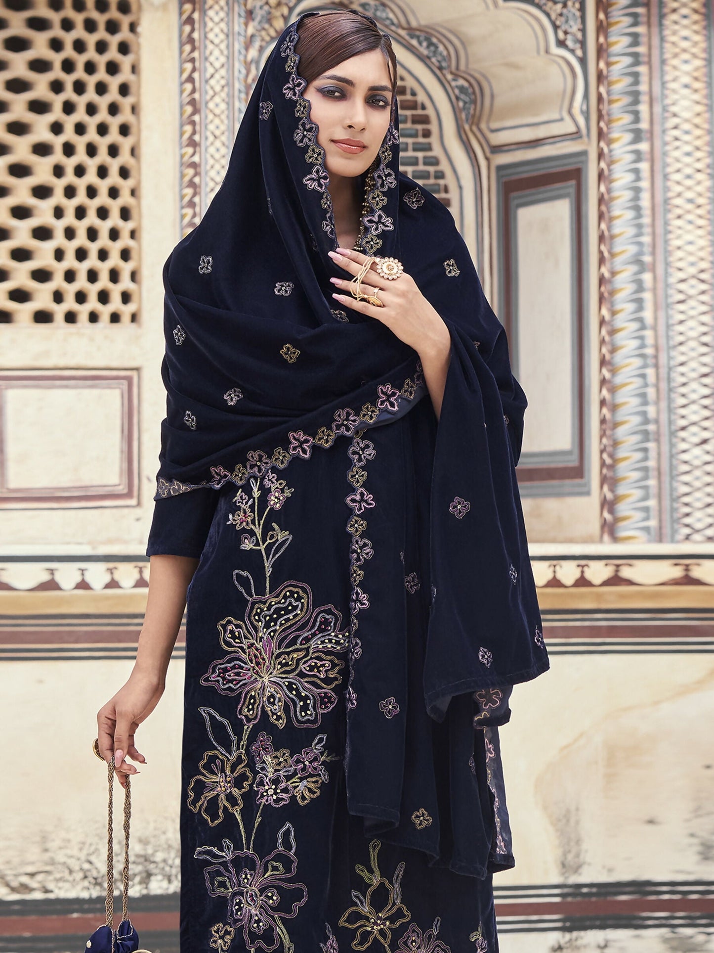 Jyoti Fashion Women's Navy Blue Velvet Resham Thread with Jari & Sequin Kurta with Trouser & Dupatta | Swadesiicart