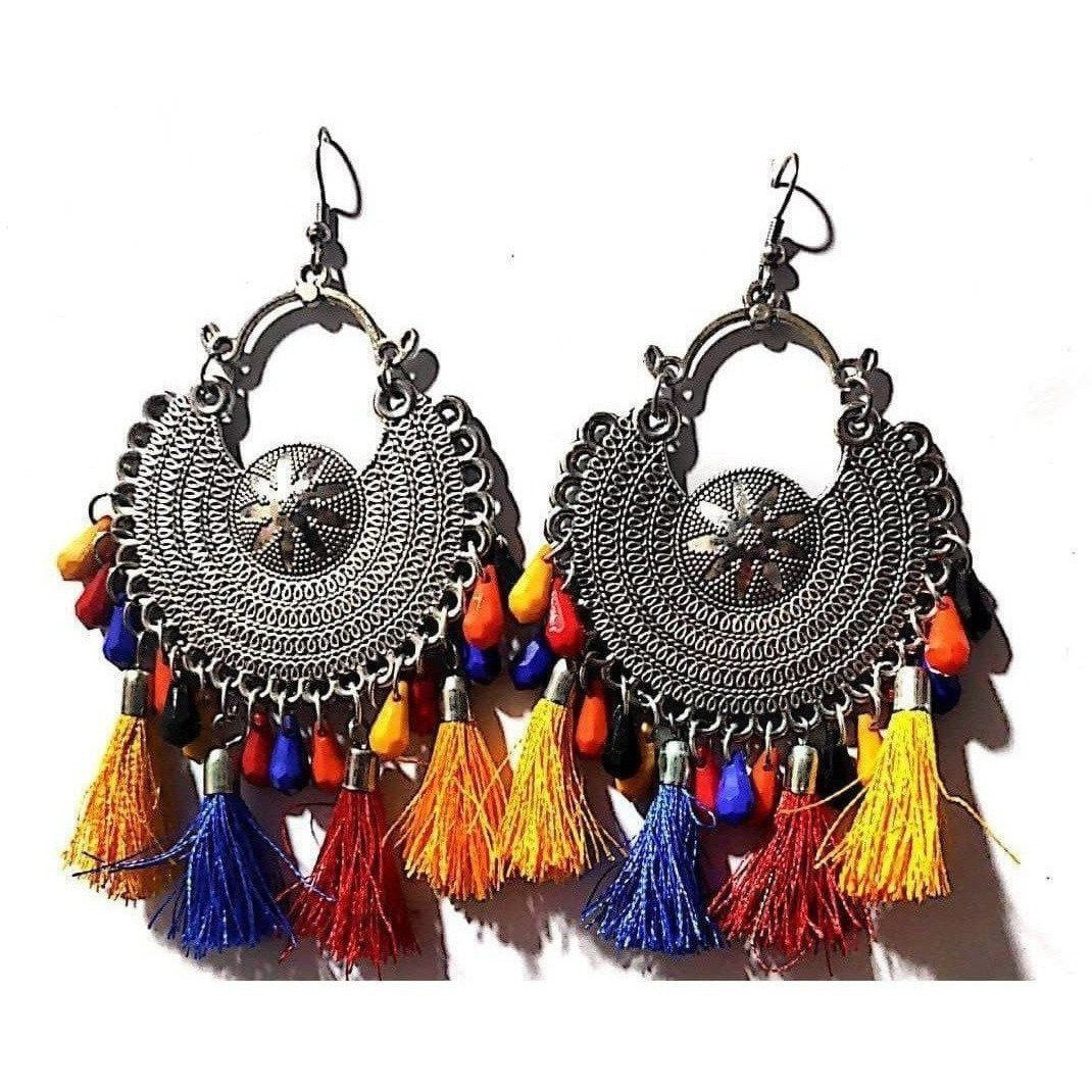 MS Fashion India Heavy Design Silver Toned Chandbali Silk Threads And Beads Multi Colors Earrings | Swadesiicart