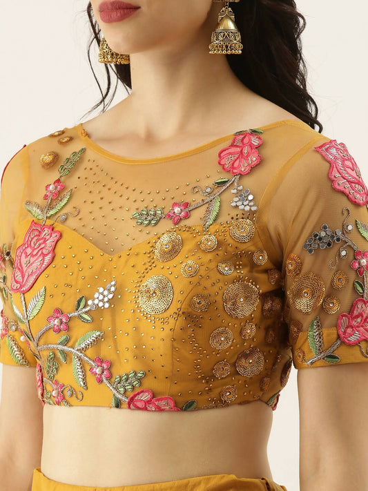 House of Panchhi Mustard Net Semi stitched Coding, Sequins & Saroski Stone Work Lehenga Choli | Swadesiicart