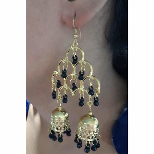 MS Fashion India Gold-Polished Fashion Traditional Double Jhumka Long Black Pearls Earrings | Swadesiicart