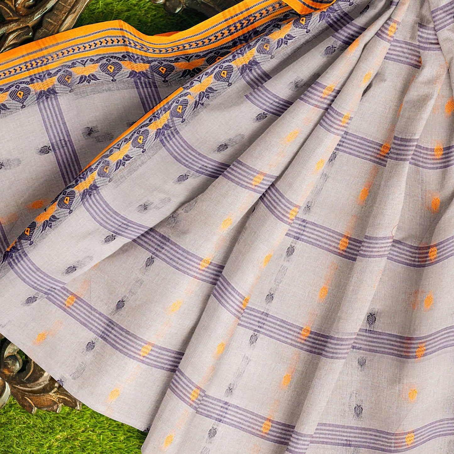 Exclusive Collection 100% Pure Cotton Light Grey Tant Saree With Hand Weaving Work - Swadesiicart