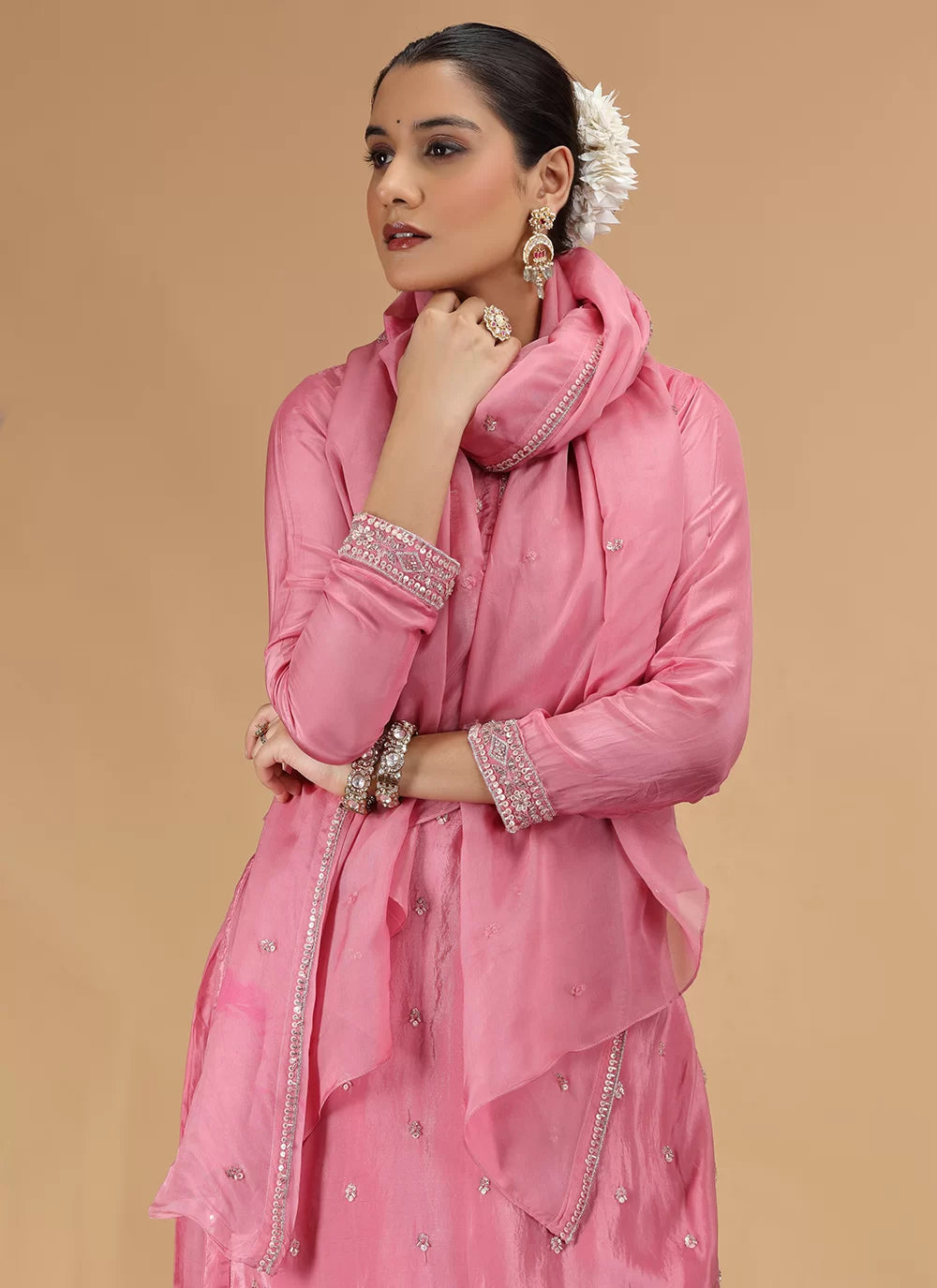 Chhap Pink Colour Satin Silk Hand Work Salwar Suit - Swadesiicart