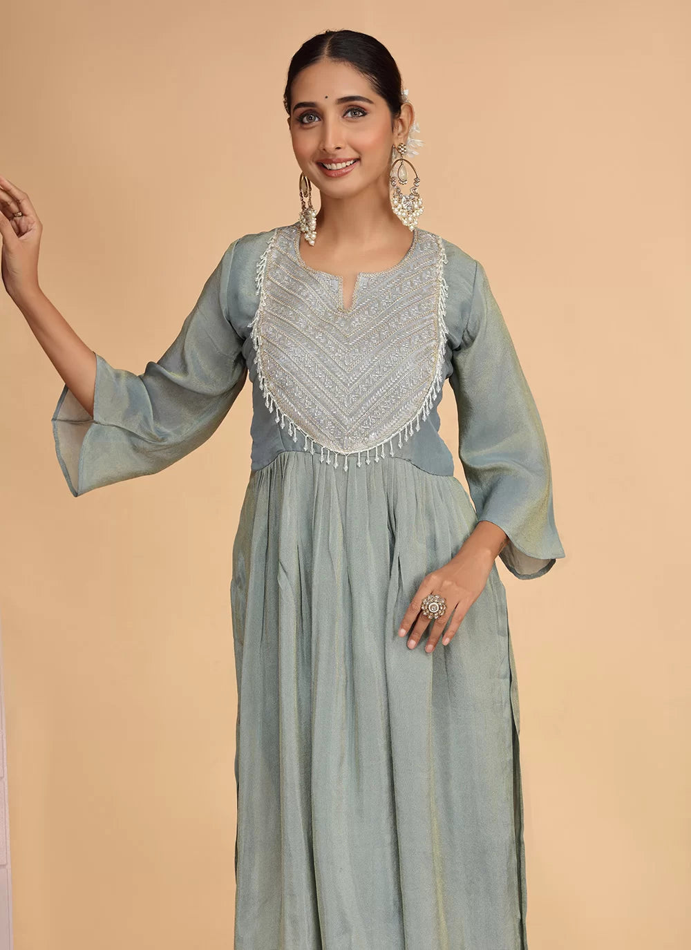 Chhap Firozi Colour Organza Shimmer Hand Work Salwar Suit - Swadesiicart