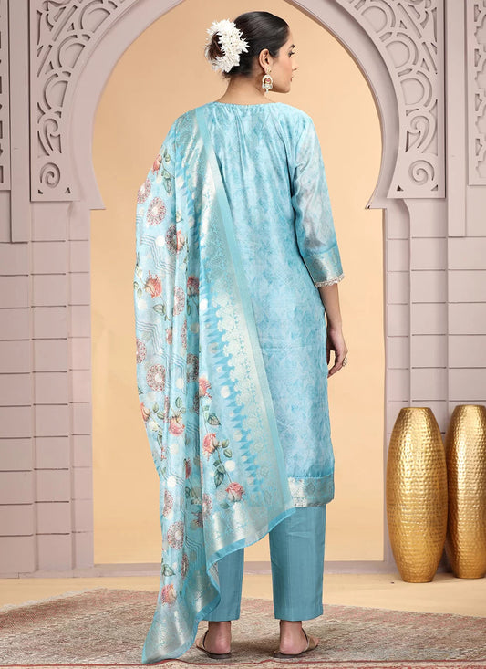 Chhap Organza Jacquard Woven and Hand Work Salwar Suit In Sky Blue Colour - Swadesiicart