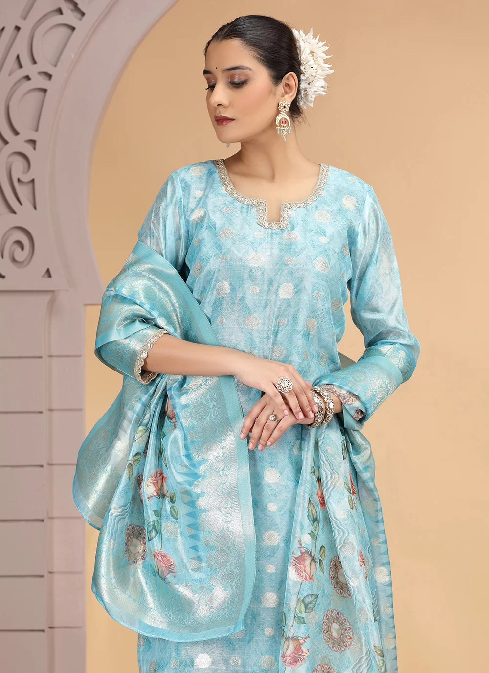 Chhap Organza Jacquard Woven and Hand Work Salwar Suit In Sky Blue Colour - Swadesiicart