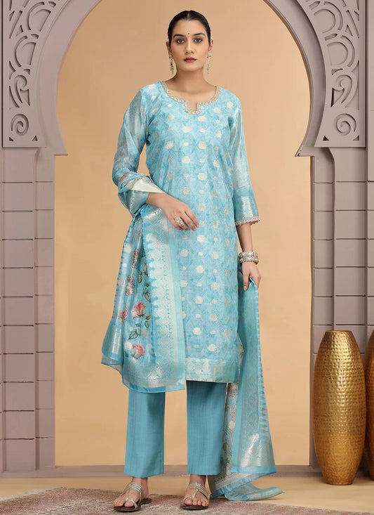 Chhap Organza Jacquard Woven and Hand Work Salwar Suit In Sky Blue Colour - Swadesiicart