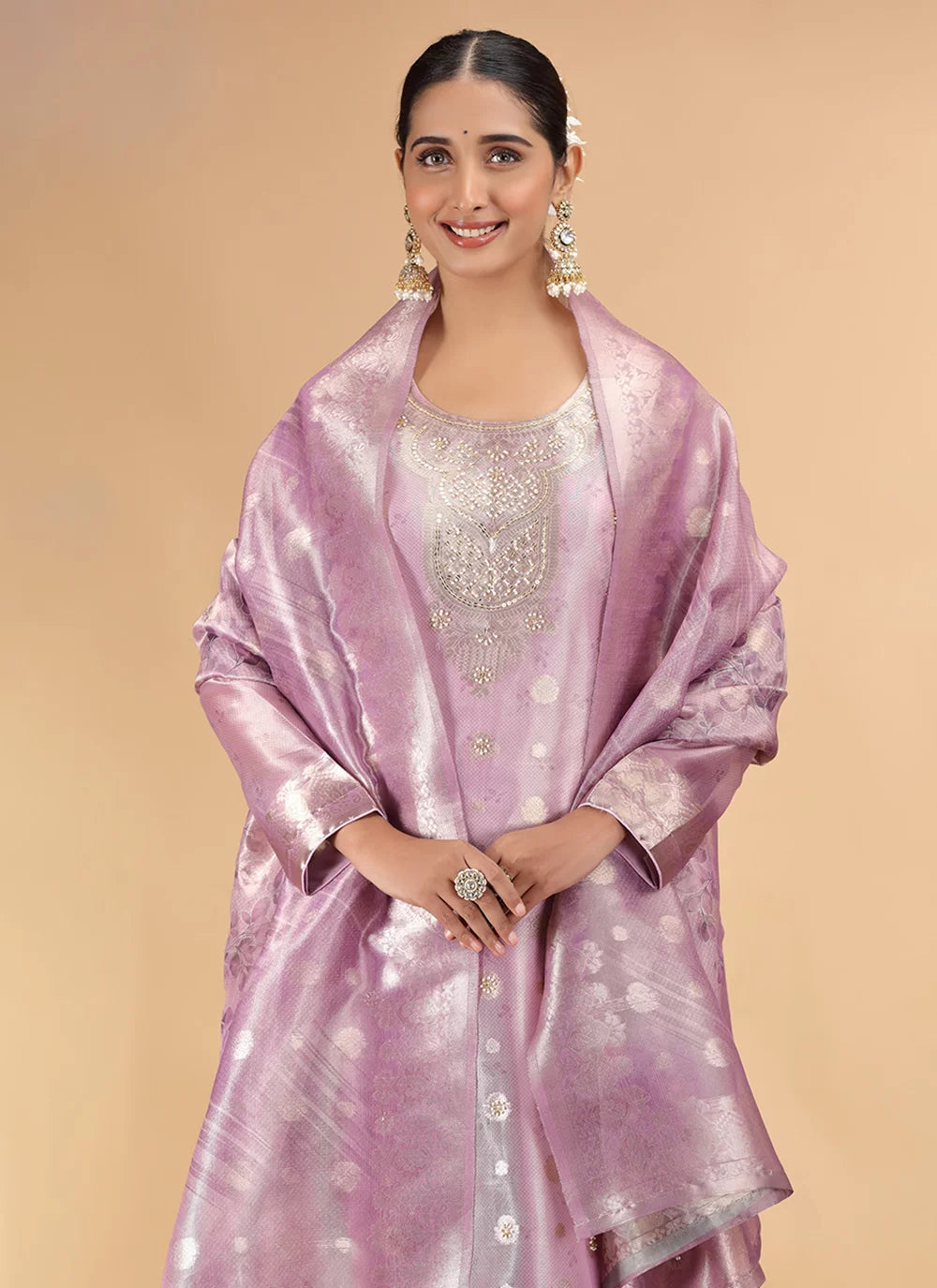 Chhap Organza Jacquard Woven and Hand Work Salwar Suit In Purple Pink Colour - Swadesiicart