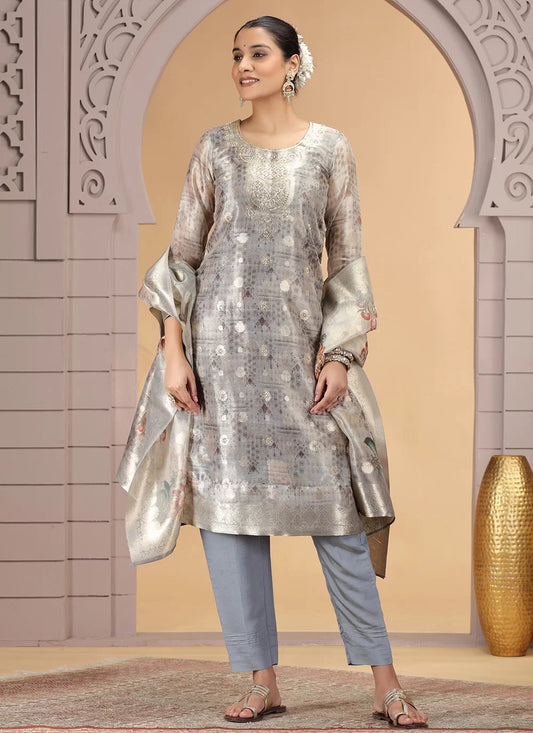 Chhap Organza Jacquard Woven and Hand Work Salwar Suit In Grey Brown Colour