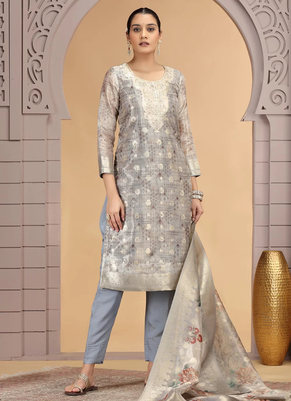 Chhap Organza Jacquard Woven and Hand Work Salwar Suit In Grey Brown Colour - Swadesiicart