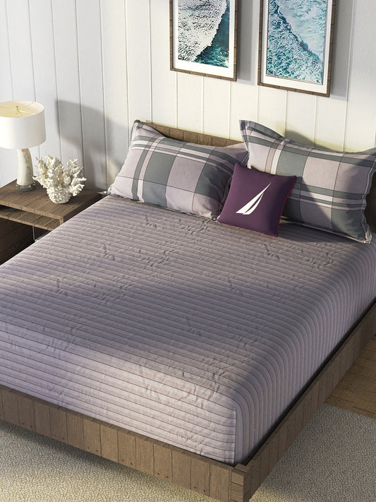 Nautica Grey & Blue Striped Cotton 160 TC King Bedsheet With 2 Pillow Covers - Swadesiicart