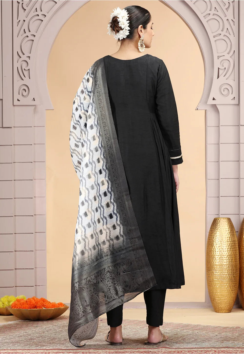 Chhap Chiffon Printed and Hand Work Salwar Suit In Black Colour - Swadesiicart