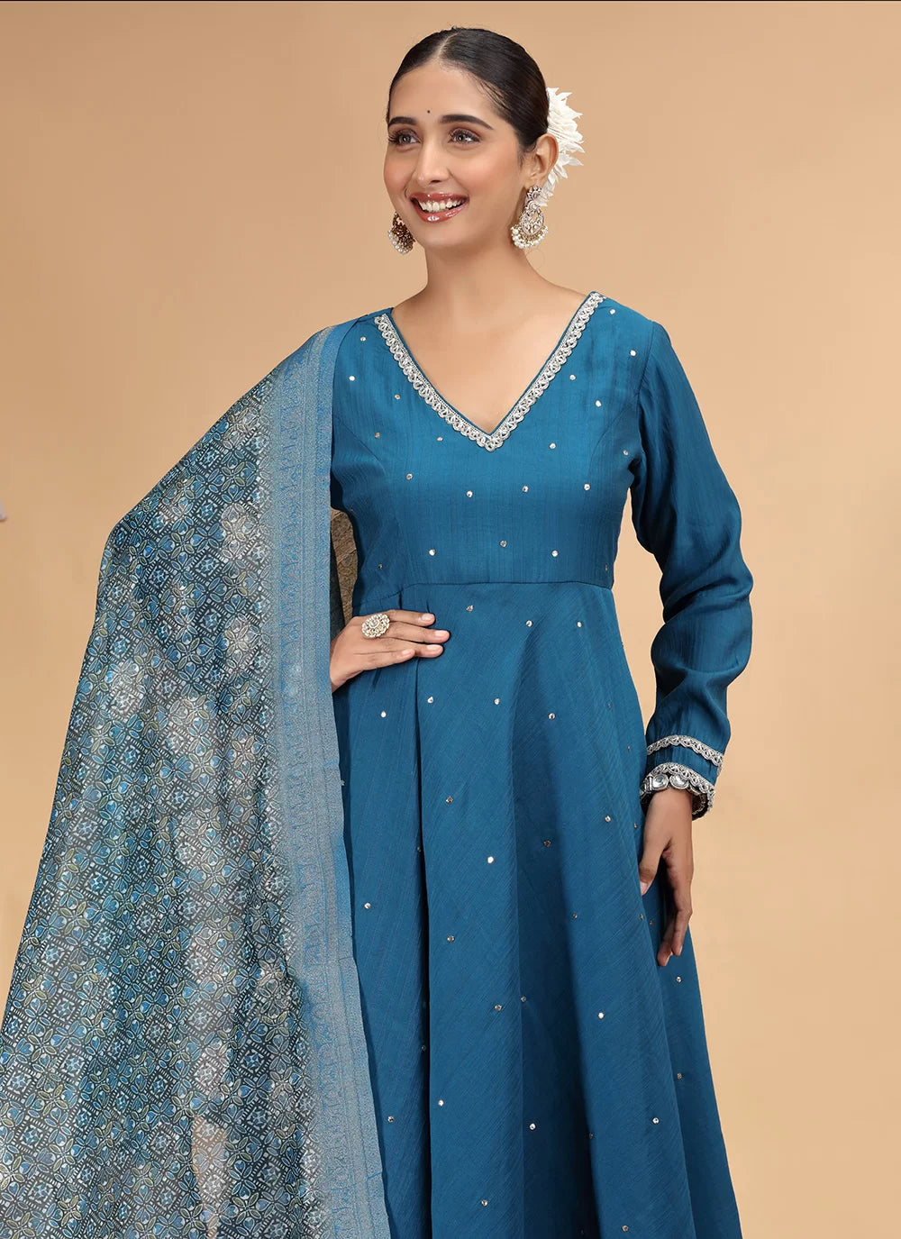 Chhap Teal Blue Colour Chiffon Hand Work Salwar Suit - Swadesiicart