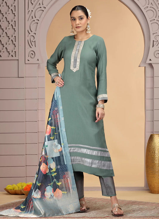 Chhap Tissue Green Colour Chiffon Hand Work Salwar Suit - Swadesiicart