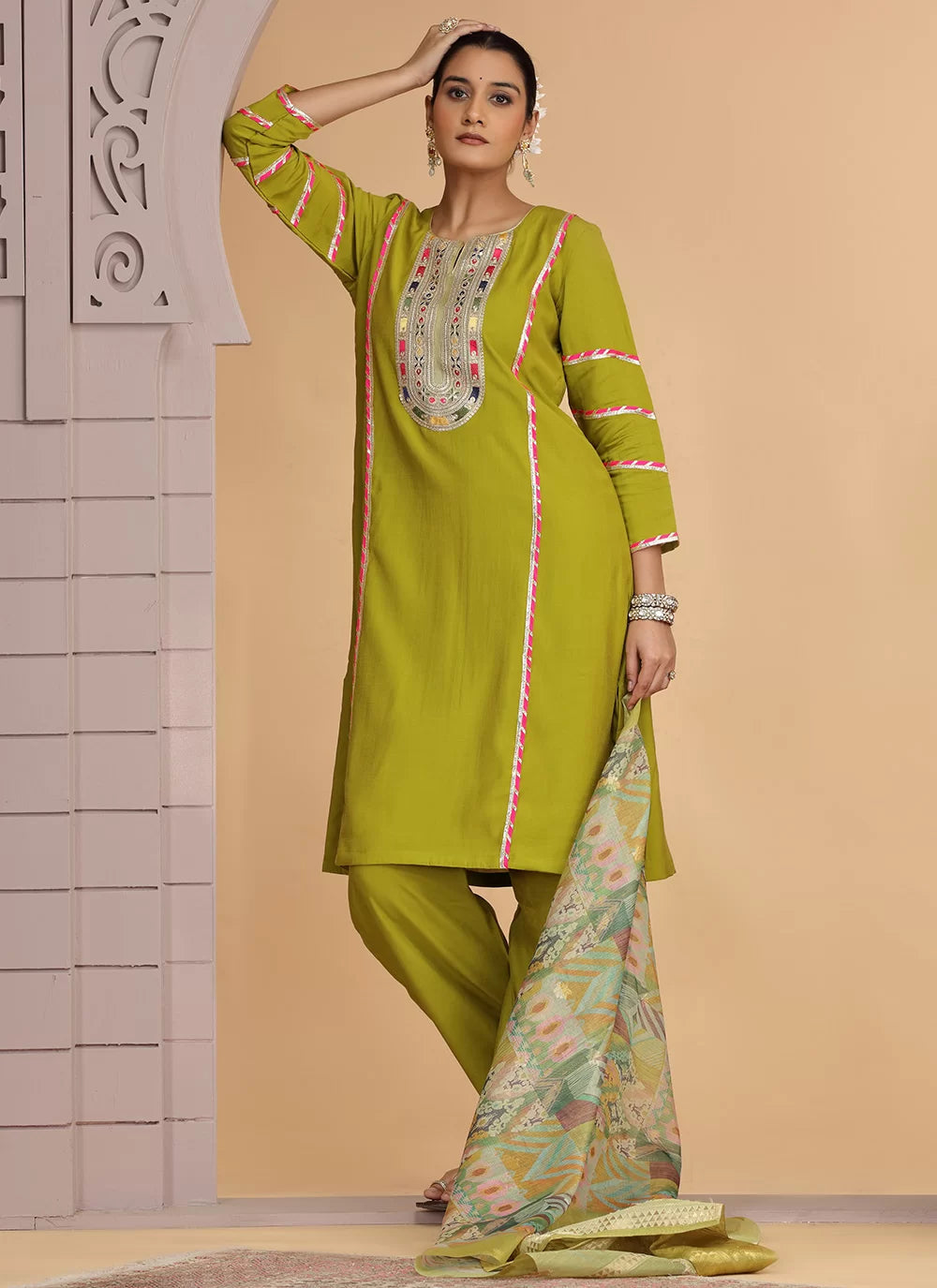 Chhap Mehendi Yellow Colour Chiffon Embroidery Salwar Suit - Swadesiicart