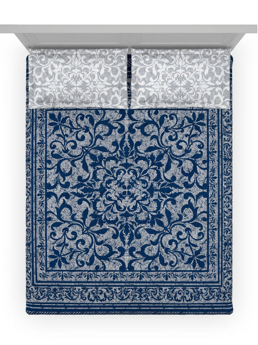 DDecor Blue & White Ethnic Motifs Cotton 140 TC King Bedsheet With 2 Pillow Covers - Swadesiicart