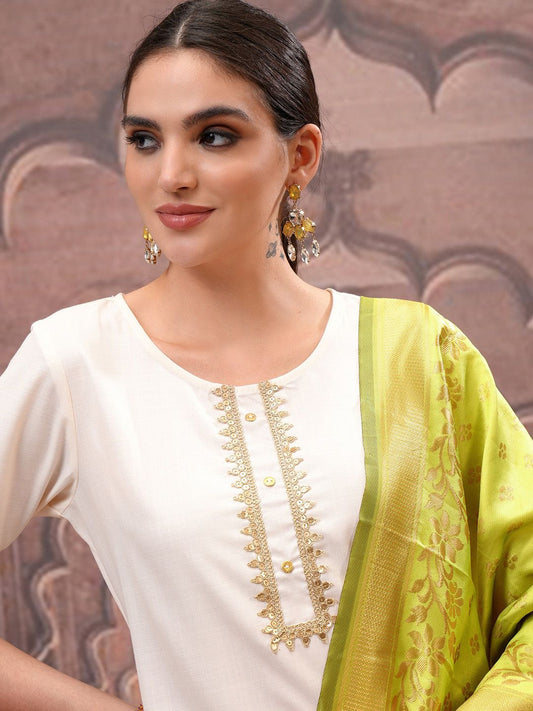 Vishudh Cream Embroidered Straight Kurta with Palazzo & Dupatta - Swadesiicart