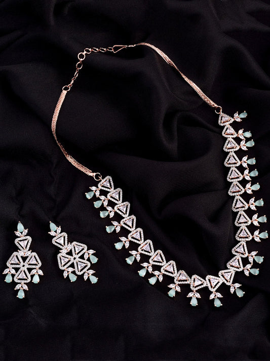 Saraf RS Jewellery Rose Gold-Polished White & Sea Green AD-Studded Handcrafted Jewellery Set